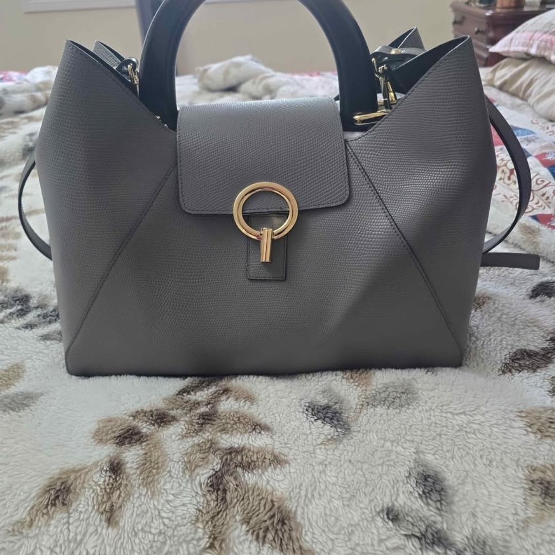 Chic Gray Satchel With Gold Accent